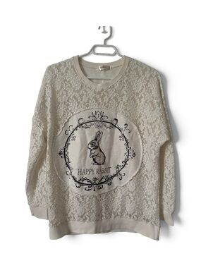 T&G Girl off white Lace Sweatshirt Happy Rabbit Graphic Bunny Top Oversized